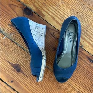 LifeStride Navy Peep Toe Cork Wedge, 5.5